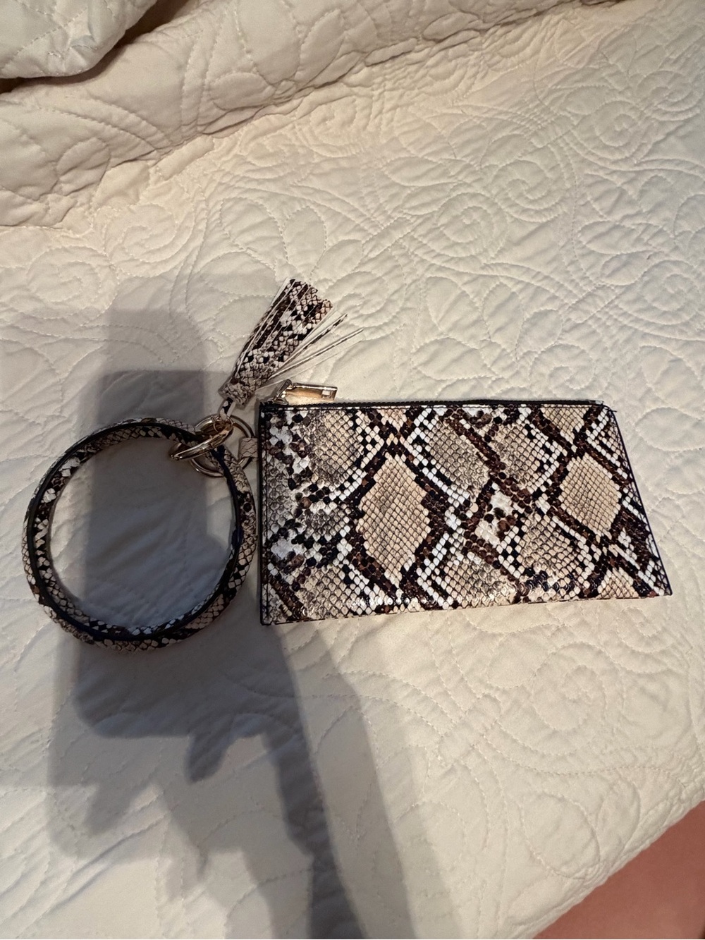 Snake-Print Wristlet Card Holder with Tassel